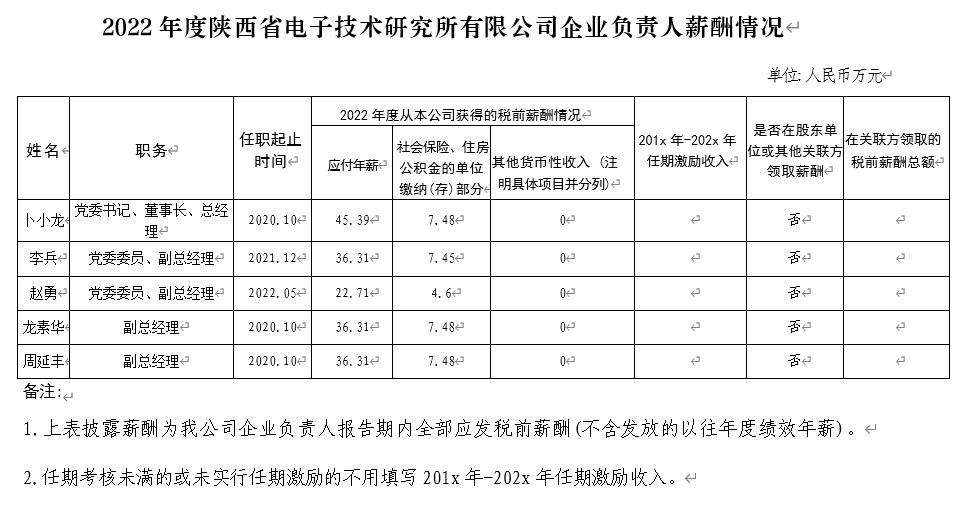 2022年度陜西省電子技術研究所有限公司企業(yè)負責人薪酬情況