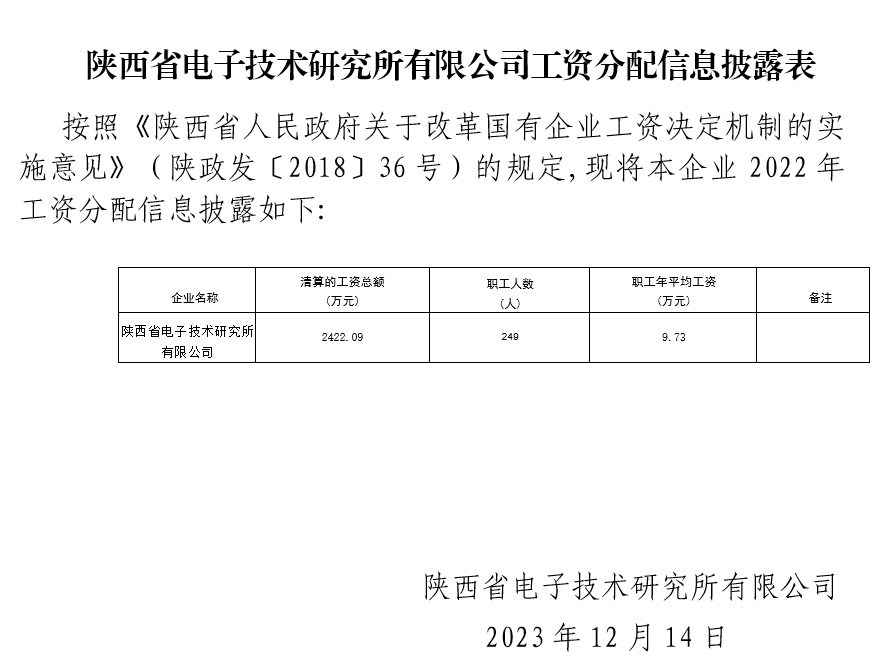 陜西省電子技術研究所有限公司工資分配信息披露表